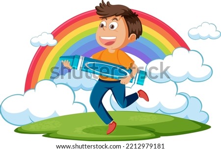 A boy holding big crayon with rainbow in the sky illustration