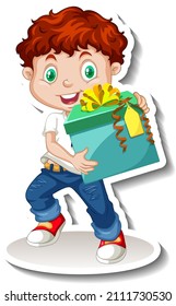 A Boy Holding A Big Gift Box Cartoon Character Illustration