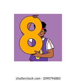Niño sosteniendo un gran número ocho. Feliz hombre joven mostrando el número. Educación, cumpleaños, celebración del concepto de logros. Estilo de historieta de dibujos animados. Ilustración de vectores modernos dibujada a mano
