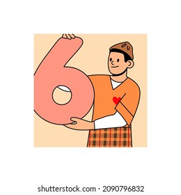 Boy holding a big number Six. Happy joyful young man showing number. Education, birthday, celebrating achievements concept. Cartoon comic style. Hand drawn modern Vector illustration