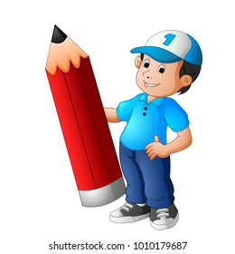 boy holding big pencil