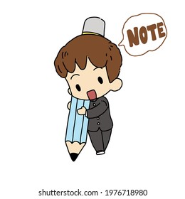 boy is holding the big pencil and text note,vector illustration.sticker planner