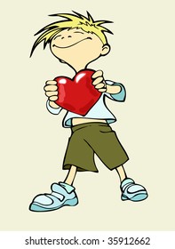 A boy is holding a big red heart in his hands