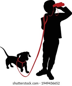 boy holding binoculars and his dog silhouette - vector