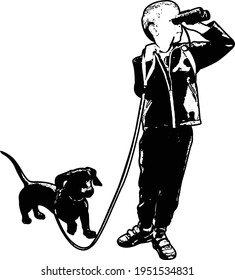 boy holding binoculars and his dog silhouette - vector