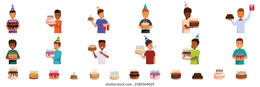  Boy holding birthday cake icons set. Kids enjoying birthday party, holding cakes with candles and gifts, wearing party hats and blowing party horn