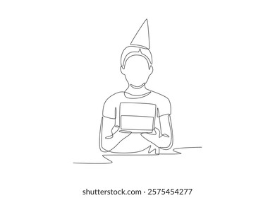 Boy holding birthday present. Children birthday celebrations concept one-line drawing