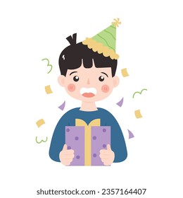 Boy Holding Birthday Present Illustration. Boy with blue shirt illustration. 