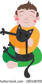 Boy holding a black cat.