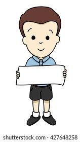 A boy holding a blank paper.