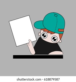 boy holding a blank paper. showing paper. vector illustration.