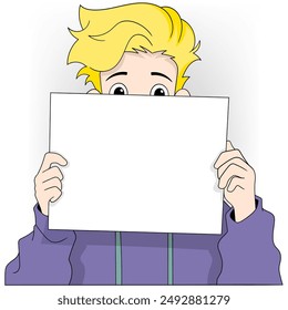 A boy is holding a blank piece of paper. He is looking at the paper with a blank expression on his face