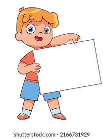 Boy holding a blank poster. Colorful cartoon characters. Funny vector illustration. Isolated on white background