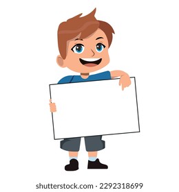 Boy holding a blank poster. Colorful cartoon characters. Funny vector illustration. Isolated on white background.