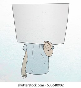The boy is holding a blank sheet of paper. Vector