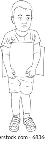 The boy is holding a blank sheet of paper. Vector