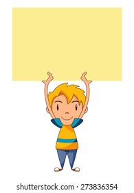 Boy holding blank sign, empty yellow note, vector illustration