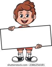 Boy holding blank sign on which you can write a message, vector illustration.