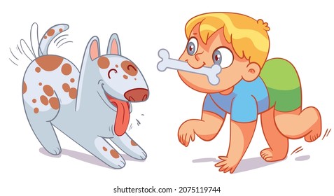 Boy holding bone like a dog. Child playing with his puppy. Colorful cartoon characters. Funny vector illustration. Isolated on white background