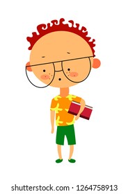 Boy holding a book. Boy nerd. Smart boy  with glasses.