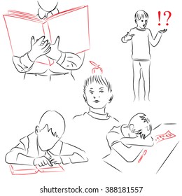 boy holding a book, reading, sleeping on the desk, holding a question mark and exclamation point