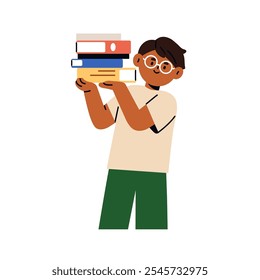 Niño sosteniendo pila de libros en las manos. Lindo niño estudiante en gafas, llevando literatura para leer de Biblioteca. Educación escolar y concepto de estudio. Ilustración vectorial plana aislada sobre fondo blanco