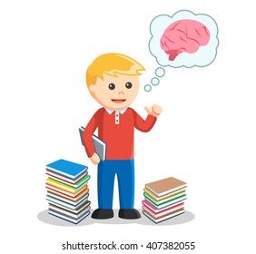 Boy holding book and thinking with brain
