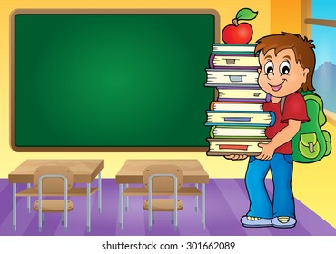 Boy holding books - eps10 vector illustration.