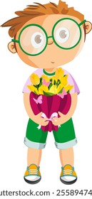 boy holding a bouquet of yellow tulips in his hands without background