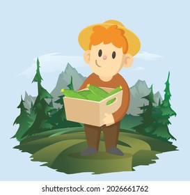 A boy holding a box of vegetables on the background of a mountain landscape. A farmer working in the field. Vector illustration.