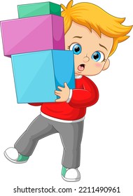The boy is holding a lot of boxes with the hands of illustration