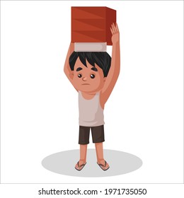 Boy is holding bricks on his head. Vector graphic illustration. Individually on a white background. svg