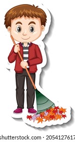 A boy holding broom cartoon character sticker illustration