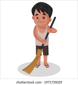 Boy is holding a broom in hand. Vector graphic illustration. Individually on a white background.