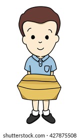 Boy holding brown box.