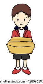 A boy holding brown box.