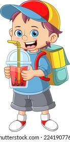 Boy holding bubble milk tea and carrying backpack of illustration