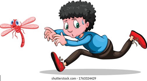 A boy is holding a butterfly cartoon vector art and illustration