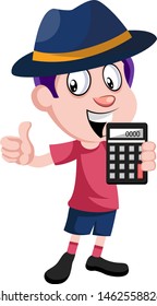 Boy holding calculator, illustration, vector on white background.