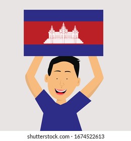 boy is holding cambodia flag. vector illustration.