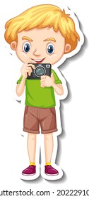 A boy holding camera cartoon character sticker illustration