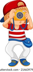Boy holding camera taking picture illustration