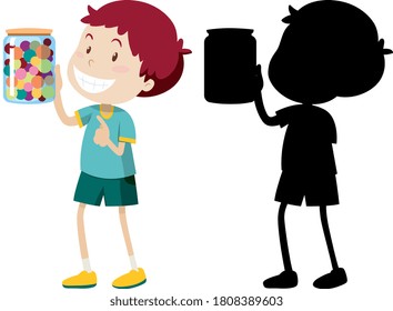 Boy holding candy jar with its silhouette illustration
