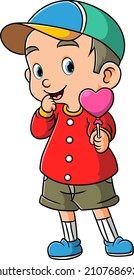 The boy is holding the candy with the love shape of illustration