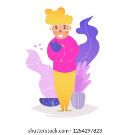 Boy holding cat Vector. Cartoon. Isolated art on white background. Flat