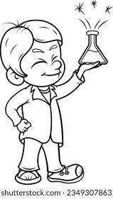 Boy holding chemistry experiment, vector clipart illustration, cartoon style, no background and no color to paint and print.