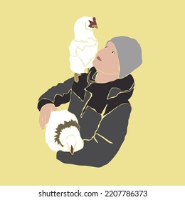A boy is holding a chicken in his arms and stroking it and another chicken is sitting on his shoulder.Vector flat illustration.