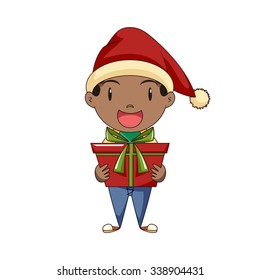 Boy holding christmas gift, vector illustration