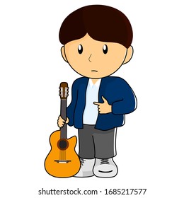 A boy holding a classical guitar on white background, vector, illustration