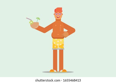 A boy holding a coconut drink, Happy summertime theme. Simple vector illustration, this illustration can use as a sticker also. 